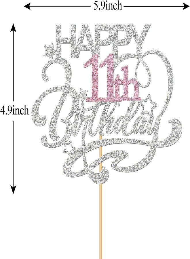 Confetti! Happy Birthday Cake Topper | Cheers to Another Year | Children's Birthday Party Decor Supplies | Silver & Pink Glitter (11th Birthday) - Image 2